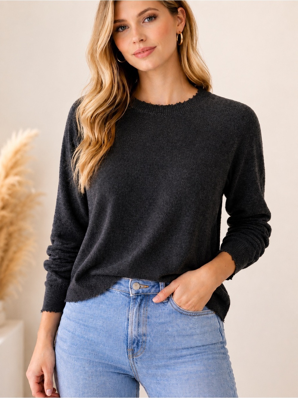 Minnie Rose Cotton Cashmere Blend Sweater Raw Edge Charcoal Small NWT